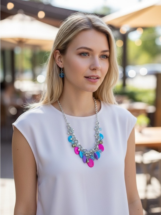 Jewelry - 4/16 Statement Multicolor Drop Necklace — Pink & Blue